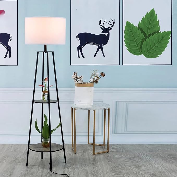 62 Inch Floor Lamp with 2 Wood Shelves, Mid-Century Modern Etagere Lamp Matte Black with LED Bulb