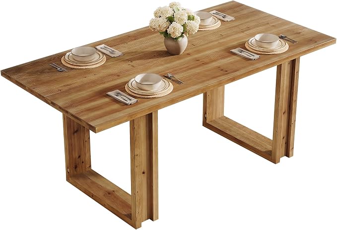 63-Inch Solid Wood Dining Table for 6, Farmhouse Kitchen Table with Heavy Duty Legs, Rectangular Wood Desk for Dining Room, Living Room, Rustic Brown