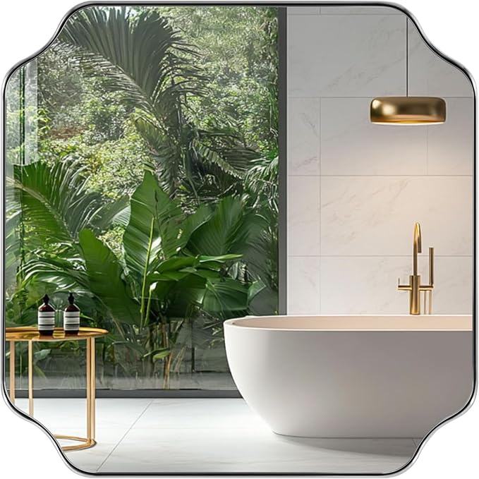 ANDY STAR 24"x24" Chrome Mirror, Polished Nickel Square Mirror for Wall, Scalloped Bathroom Mirror in Anti-Rust Stainless Steel Frame, Unique Notched Corner Designed Ideal for Home Remodel