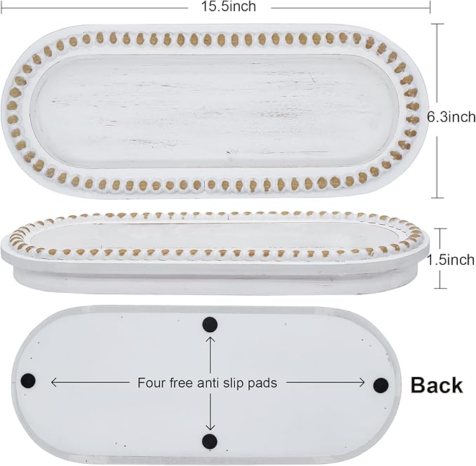 Wood Serving Tray, Wooden Bead Decorative Tray, White Washed Coffee Table Tray for Ottoman, Rustic Distressed Decor for Home, Kitchen, Farmhouse (White)