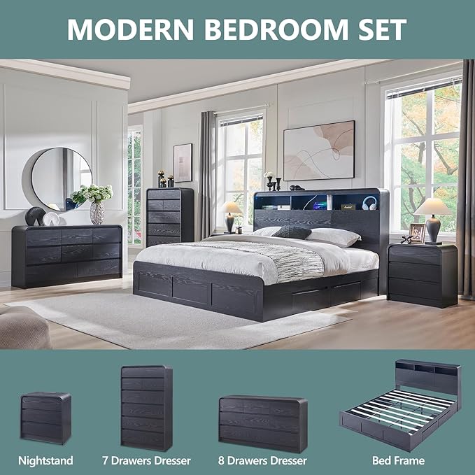 Modern 8 Drawers Dresser for Bedroom, 55" Wide Dressers & Chest of Drawers w/Curved Profile Design, Wood Mid Century Storage Dressers Organizer for Bedroom, Living Room, Black