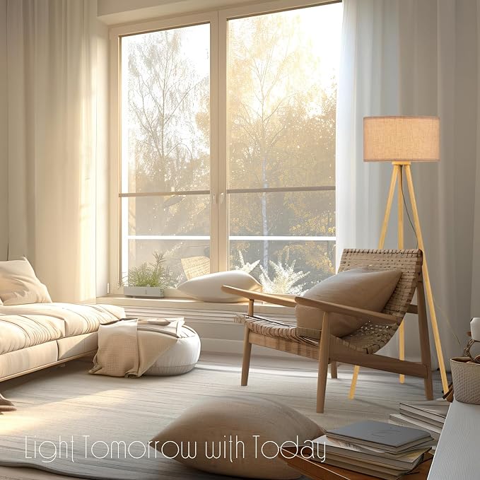 Wood Tripod Floor Lamp with 3 Color Temparature LED Bulb, Modern Wooden Standing Floor lamp Linen Shade for Living Room, Bedroom, Office, ETL Listed/Natural Wood Color
