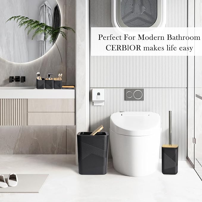 CERBIOR Bathroom Accessories Set 6 Piece Bamboo Bath Ensemble Includes Soap Dispenser, Toothbrush Holder, Toothbrush Cup, Soap Dish for Decorative Countertop and Housewarming Gift (Black)