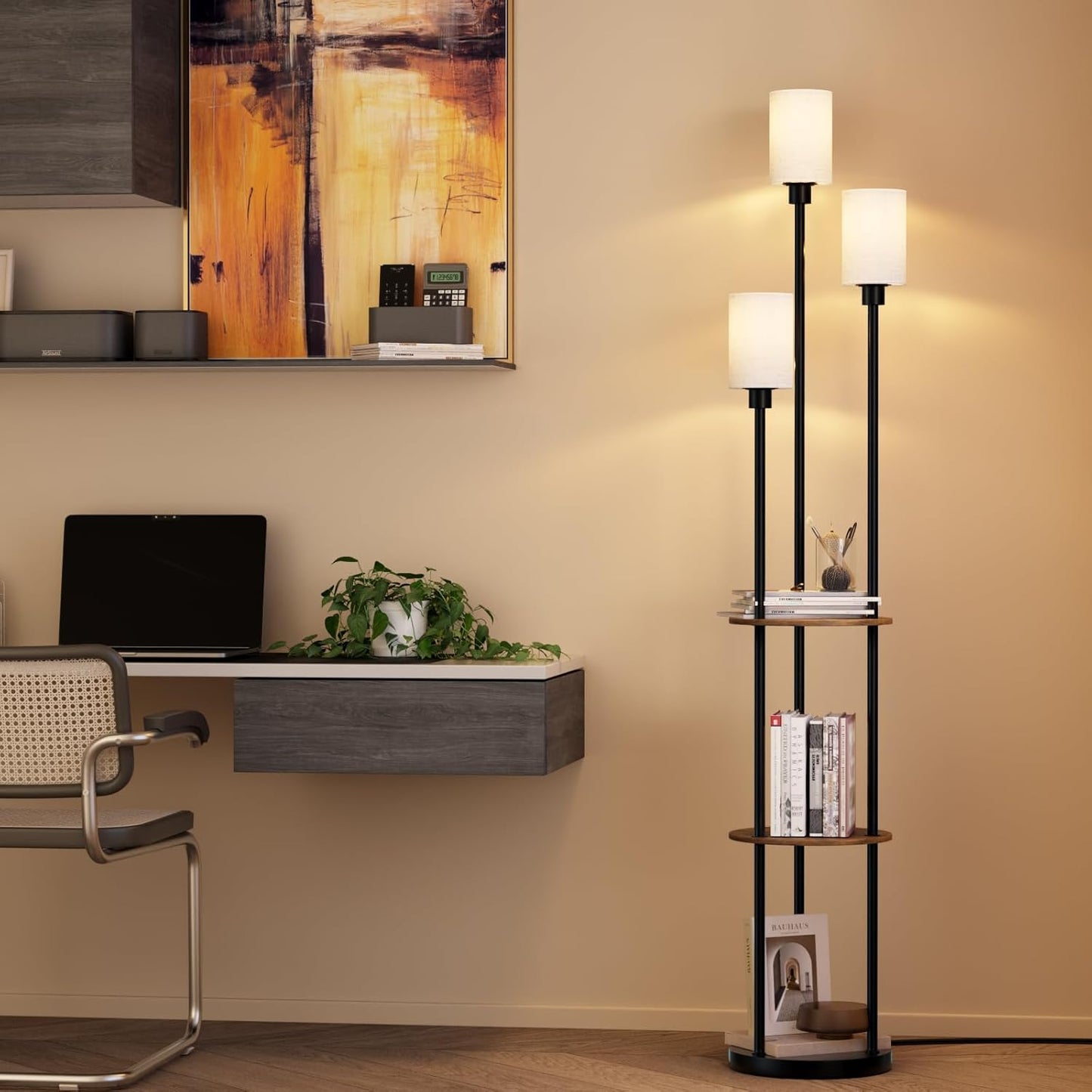 Skiennix Rustic Floor Lamp - 3-Light Standing Lamp with Shelves & Foot Switch | 71" Tall, Black-Liner