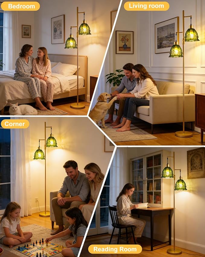 Lightdot 65IN Glass Floor Lamp for Living Room, 2- Light Gold Flower Floor Lamps with Green Glass Lampshade, 3000K Warm White Modern Standing Tall Lamp with 5Lbs Heavy Base for Bedroom Corner