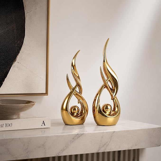 2 PCS Gold Ceramic Statues for Home Decor Accents, Modern Abstract Art Sculptures, Elegant Tabletop Decorative Objects for Dining Room, Entryway, Tv Stand, Mantel, Coffee Table Centerpieces