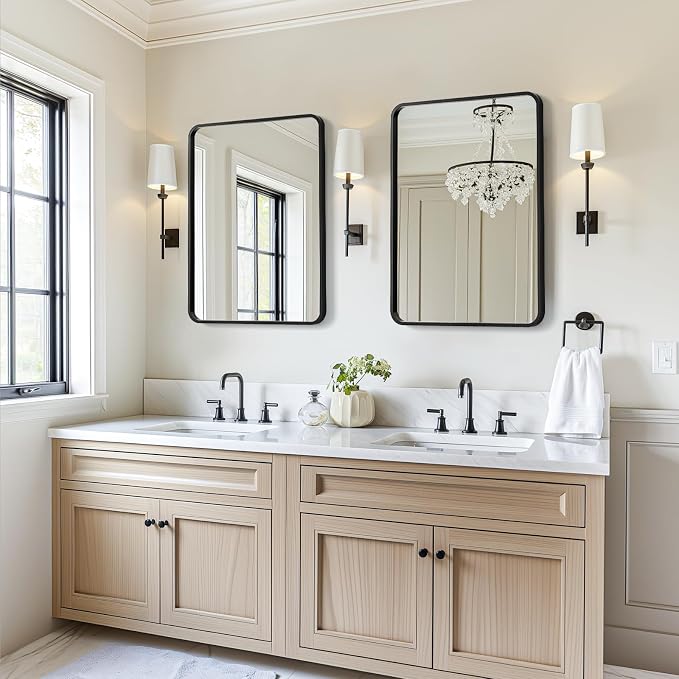 USHOWER 2-Pack Black Bathroom Mirrors Over Sink 22 x 30 Inch, Metal Frame Rectangle Mirror, Modern Farmhouse Vanity Mirror, Wall Mounted for Bedroom, Living Room, Entryway Remodel & Upgrade