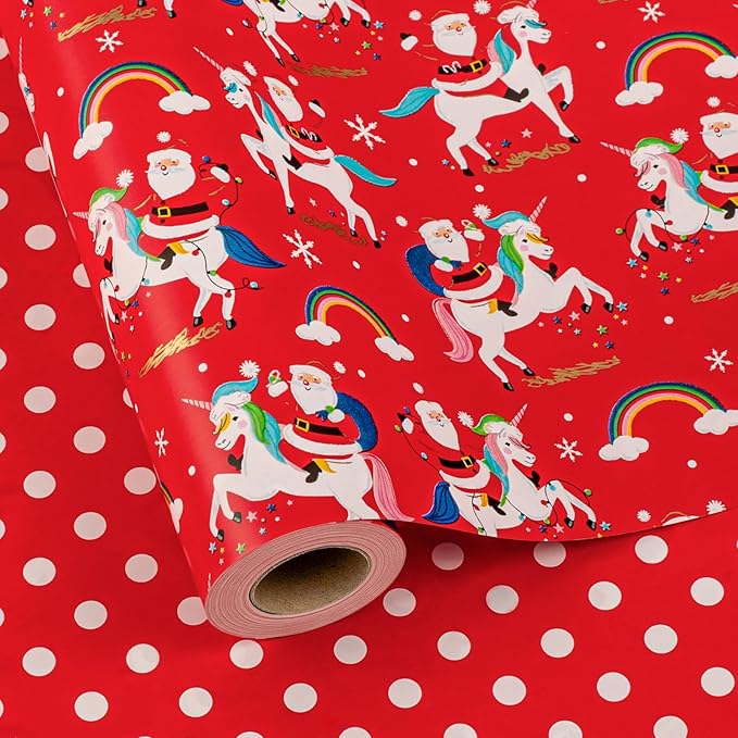 MAYPLUSS Christmas Wrapping Paper Roll - 17 Inch X 33 Feet - Reversible Fairytale Christmas Red Unicorn, Santa Claus, Rainbow, Polka Dot Design Holiday Winter Gift Wrap for Wedding, Party,Celebration