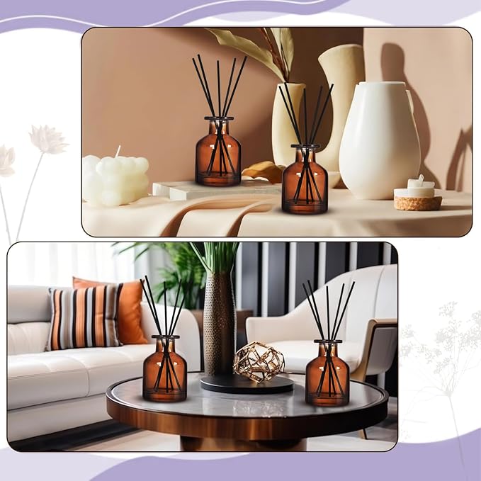 4 Pack Perfume Reed Diffuser Bottle,Empty Big Belly Aromatherapy Essential Oil Bottles Glass Jar with Black Sticks for DIY Fragrance Replacement Diffuser Sets (150ml/ 5 oz, Dark Brown Color)