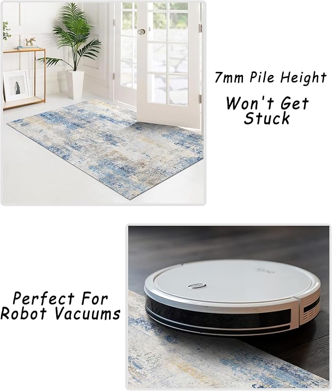6x9 Area Rug, Ultra-Soft Washable Rug for Living Room, Dinner Room, Bedroom, Non-Slip Modern Abstract Rug, Indoor Carpet Large Area Rug, Blue Ivory Yellow