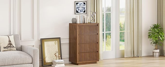 Fluted 4 Drawer Dresser, Mid Century Small Dresser for Bedroom, Wood Chest of Drawers, Modern Closet Clothes Organizer, Walnut Wooden Storage for Living Room, Brown