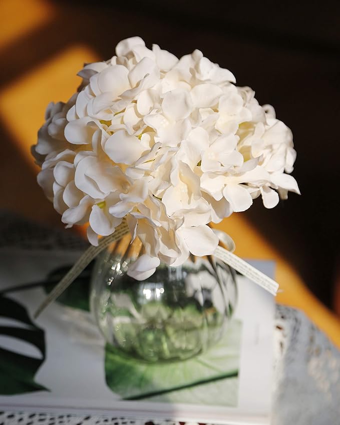DuHouse Hydrangea Silk Flowers Large Artificial Flowers with Stem Fake Champagne Flower Heads for Wedding Centerpiece Home Decor Pack of 6