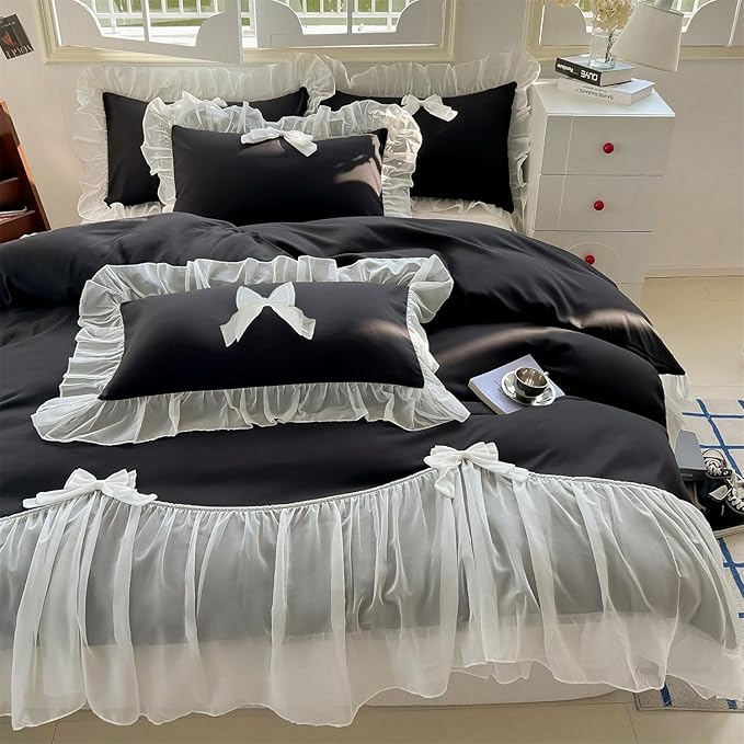 Girls Lace Bedding,Queen Comforter Cover Set, Chic Ruffled Duvet Cover with Lovely Bow,Princess Style 1 Duvet Cover with 2 Pillowcases, No Comforter-Black,Full Size