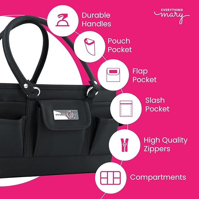 Everything Mary Deluxe Store & Tote Organizer – Black Craft Caddy with Handle – Collapsible Bag for Sewing, Scrapbooking, Art Supplies & DIY Project Organization