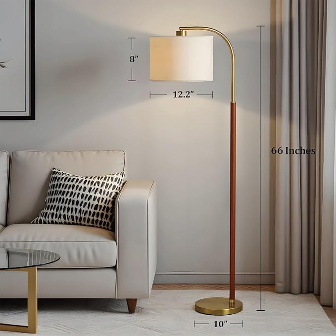 66” Walnut Gold Floor Lamp for Living Room, 1200 Lumens 3-Level Brightness Arc Floor Lamp for Bedroom, Wood Vintage Mid Century Modern Standing Lamp, Adjustable Lampshade, LED Bulb Included