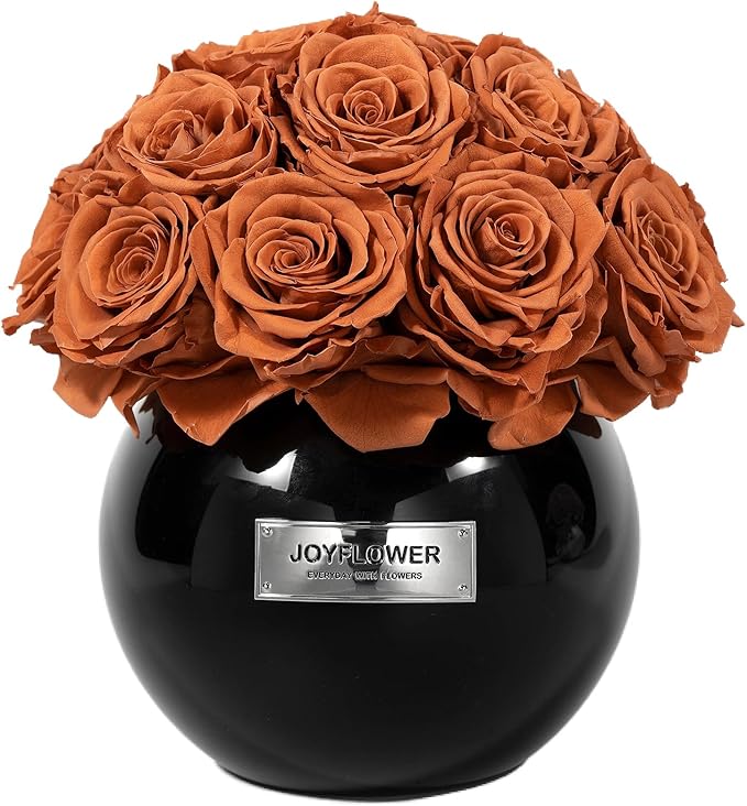 JoyFlower Preserved Flowers for Home Decor, Eternal Flower Roses with Glass Vase for Wedding House Bedroom Living Room Office Table Centerpiece Decoration,Housewarming Party Gifts(Black Vase,Orange)