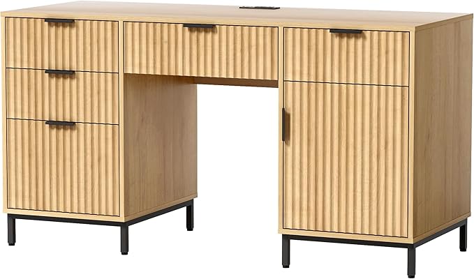 55" Fluted Executive Desk, Modern Home Office Desk with Charging Station, Keyboard Tray, File Drawer, Storage Cabinet for Work Study Writing Desk, Natural Oak