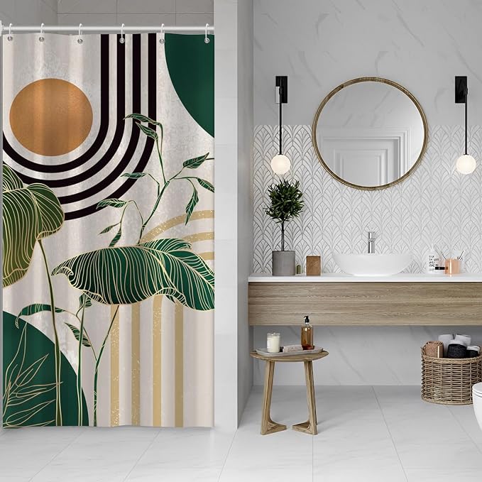 Boho Green Geometric Shower Curtain Bohemian Abstract Mid Century Tropical Bathroom Curtain Minimalist Modern Palm Leaf Shower Curtain Sets for Bathroom Extra Long 54x72 in with 10 Hooks