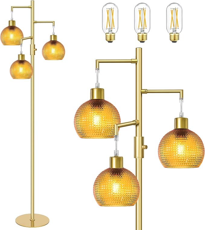 Modern Floor Lamp for Living Room, Mid Century Standing Tree Lamps with Orange Glass Shade, Dimmable 3 Lights Tall Lamp, 3 x 600LM LED Edison Bulbs Included