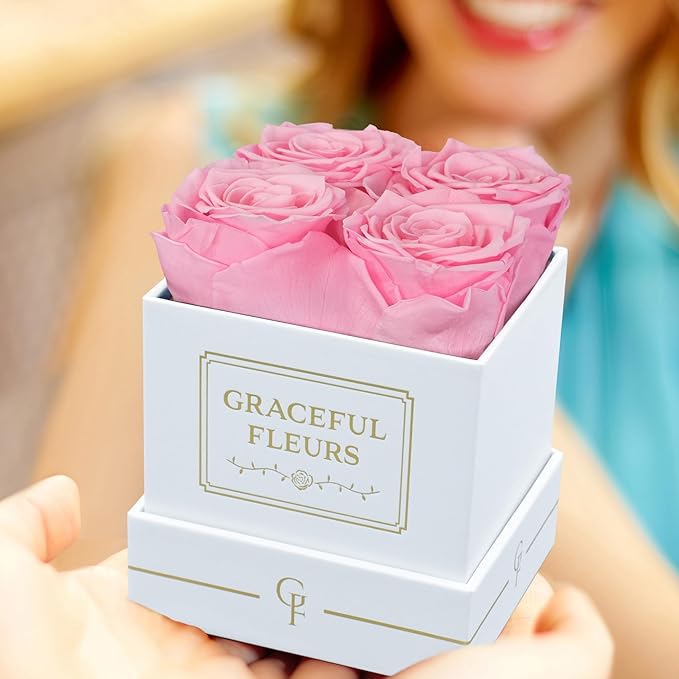 Graceful Fleurs | Real Long Lasting Roses for Years | Preserved Fresh Flowers for Delivery Birthday | Birthday Gifts for Women | Forever Roses in a Box (Pink, White Box, 4 Roses)