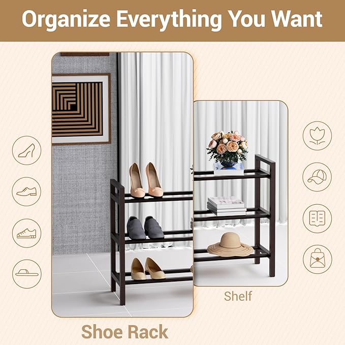 Haddockway Bamboo Shoe Rack for Closet, Free Standing Shoe Organizer with Smooth Round Rods & Convenient Handles, Stackable Shoe Storage Shelf for Entryway, Hallway(Brown, 3-Tier(Small))