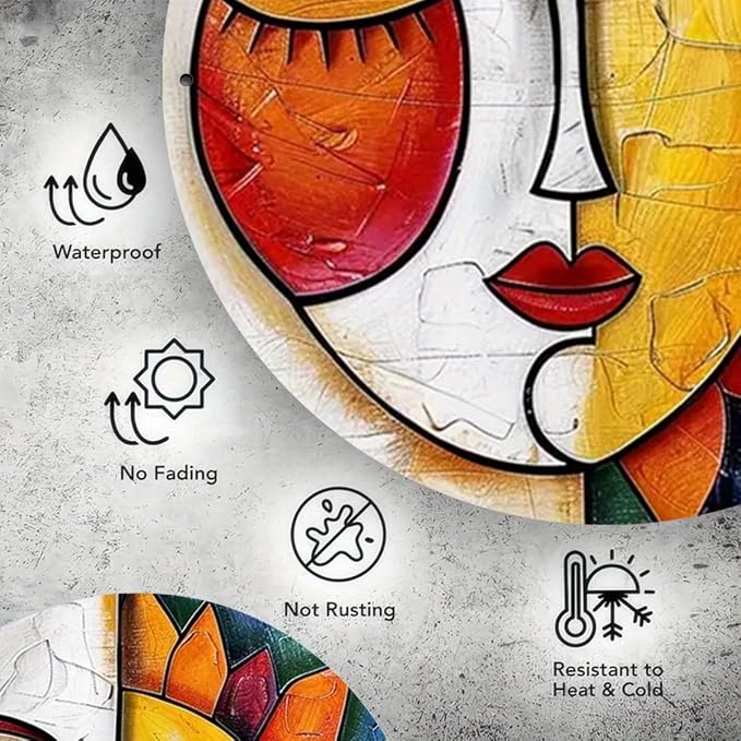 Sun and Moon Abstract Metal Wall Art - 8x8 Iron Sign for Home Decor, Waterproof & Weather-Resistant, Hippie Theme with HD Print Texture, White