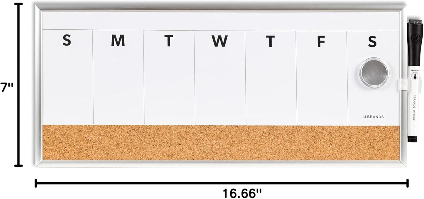 U Brands Dry Erase Weekly Combo Board - 7" x 16" Inches | Silver Aluminum Frame, Perfect for Office Use