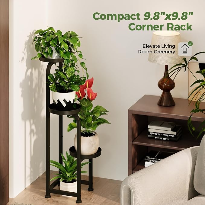 Bamworld Tall Plant Stand Indoor Outdoor, Corner Metal Flower Pot Stands for Multiple Plants, 3 Tier Heavy Duty Plant Shelf for Patio Garden Balcony Living Room Bedroom