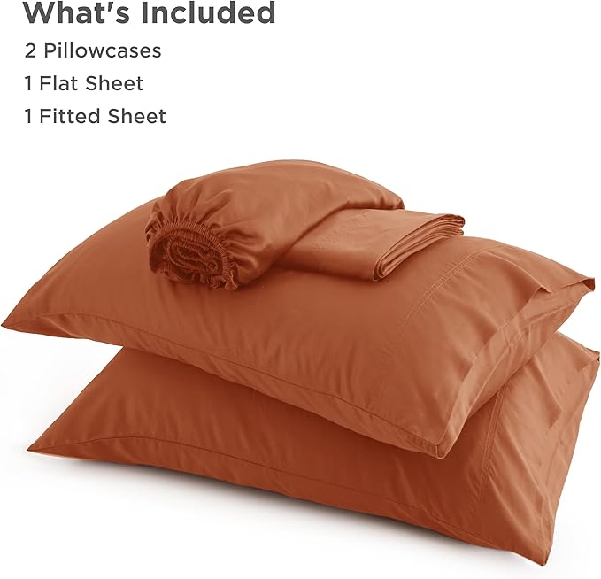 Bedsure Queen Sheet Set, Rayon Derived from Bamboo, Cooling Sheets, Breathable & Soft, Deep Pocket Up to 16 Inches, Hotel Luxury Silky Bedding for Hot Sleepers, Burnt Orange