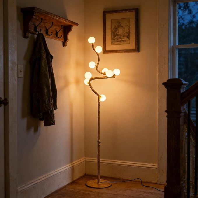 Rustic Farmhouse Tree Floor Lamp, Mid Century Modern Vintage Standing Lamp, 9-Light Moon Floor Lamp with 3D Printed Shades, Retro Branch Floor Light for Living Room Bedroom Officer(66")