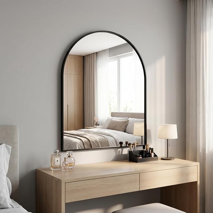 BEAUTYPEAK 26"x28" Arch Bathroom Mirror, Wall Mounted Vanity Metal Frame Mirror for Bedroom, Entryway, Living Room, Black