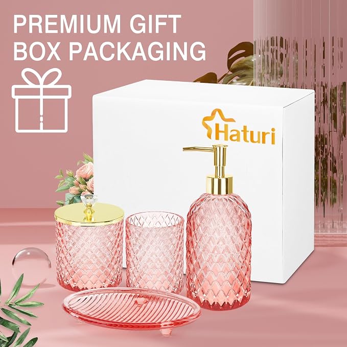 Haturi Pink Bathroom Accessories Set, 4 Pcs Glass Bathroom Accessory Set Complete w/Soap Dispenser, Toothbrush Holder, Qtip Holder, Vanity Tray, Gold Bathroom Set Decor, Gift for Girl Home Apartment