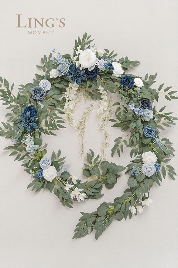 Ling's moment 9FT Spring Flower Garland- Wedding Arch Flowers for Backdrop Decoration, Eucalyptus & Rose, Artificial Floral Garland for Mantle - Sweetheart Head Table Decor for Reception, Dusty Blue