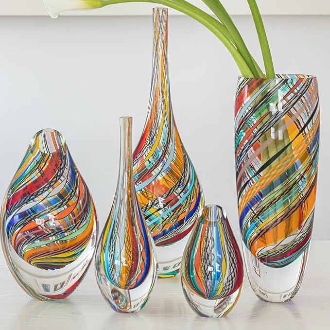 Ca D Oro Small Drop Glass Vase Boho with Colored Canes Hand Blown Murano-Style Art Glass - Model Tall