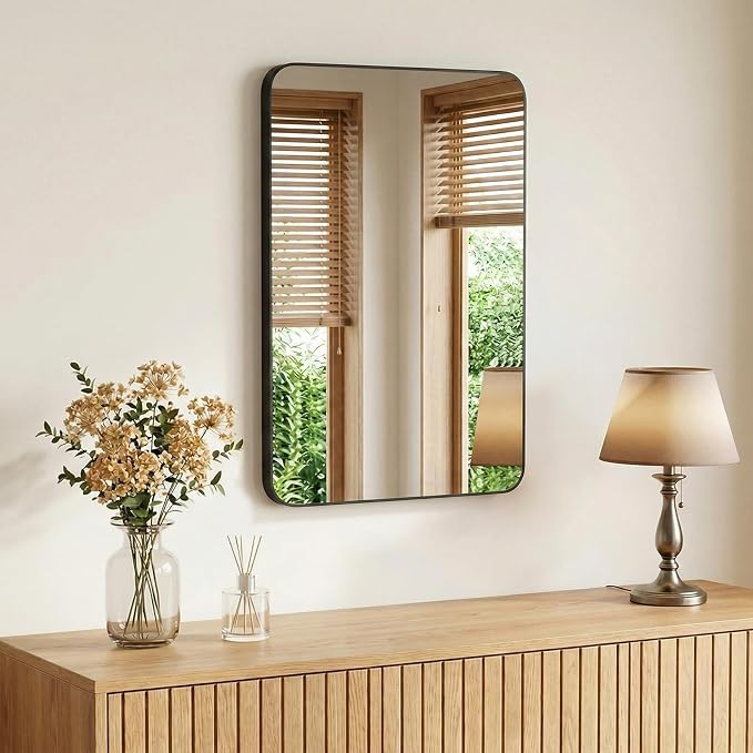 Sweetcrispy Bathroom Mirror for Over Sink, 20x28 Inch Wall Mount Mirror with a Rounded Rectangle and Matte Metal Frame, Modern Wall Vanity Mirrors for Home Decor, Living Room, Bedroom, Black