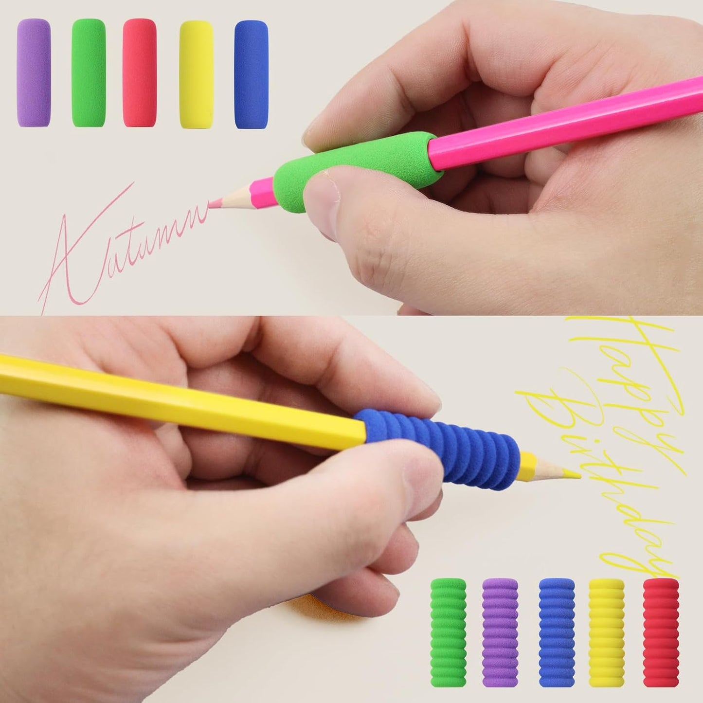 Skiennix Soft Foam Pencil Grips - Comfortable Handwriting Aid | 1.5 Inch | 15 Classic Colors
