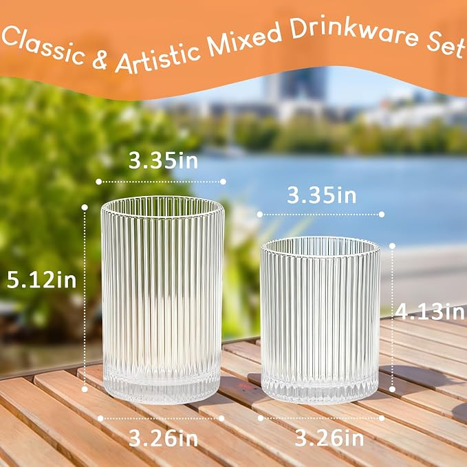 14 oz & 18 oz Ribbed Drinking Glasses Set of 12, Vintage Iced Coffee Cups Elegant Glassware, Highball Glass Cups Ridged Glass Tumbler for Cocktail, Whiskey, Beer, Water, Juice, Origami Style Clear