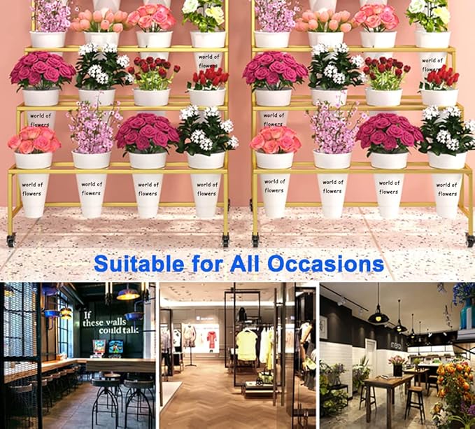 Flower Display Stand with 12pcs Bucket,Heavy Duty Plant Stand with Wheels,33in Tall Flower Cart 3 Tier Flower Shelf for Florist Garden Patio (Gold+White Pot)