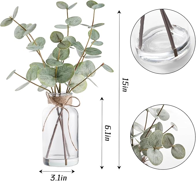 Artificial Eucalyptus Stems in Glass Vase with Faux Water, 15" Eucalyptus Fake Plants with Double-Sided Green Leaves for Home, Bathroom, Office, Farmhouse, Shelf Coffee Table Decor