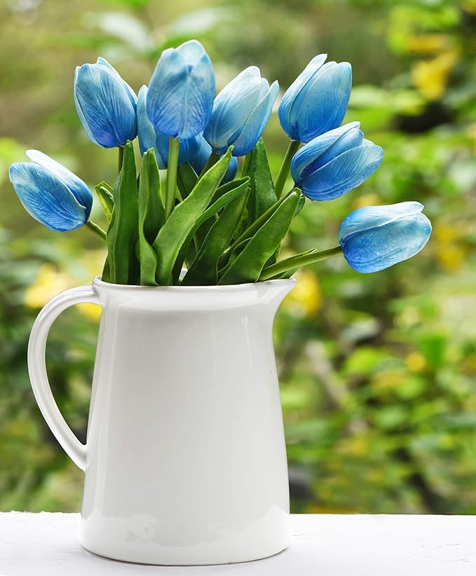 FiveSeasonStuff Real Touch Tulips Artificial Flowers – 15 Stems Faux Tulip Bouquet in Gift Box for Wedding, Home Decor, Party, Floral Arrangements (Maya Blue)