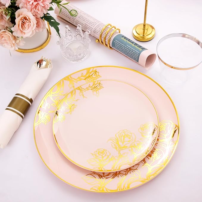 DaYammi 210Pcs Pink Gold Plastic Plates Floral Plates,Pink Disposable Dinnerware Set Includes 60 pink Plate,30 gold Plastic Silverware,30 Per Rolled Napkins,30 plastic Cups,Christmas plates for Party