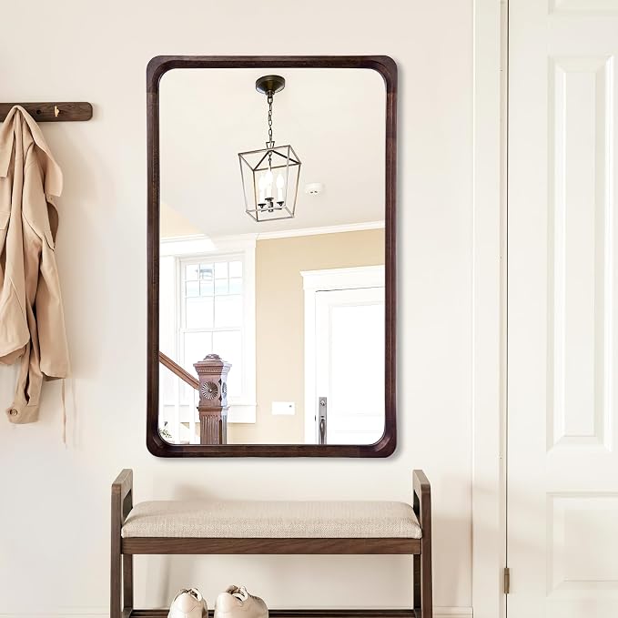 Tanmicoshomy Wood Bathroom Mirror 30 x 48 Inch, Solid Wood Framed Large Rectangle Mirrors with Tempered Glass for Living Room Bedroom Office or Entryway(Dark Brown)
