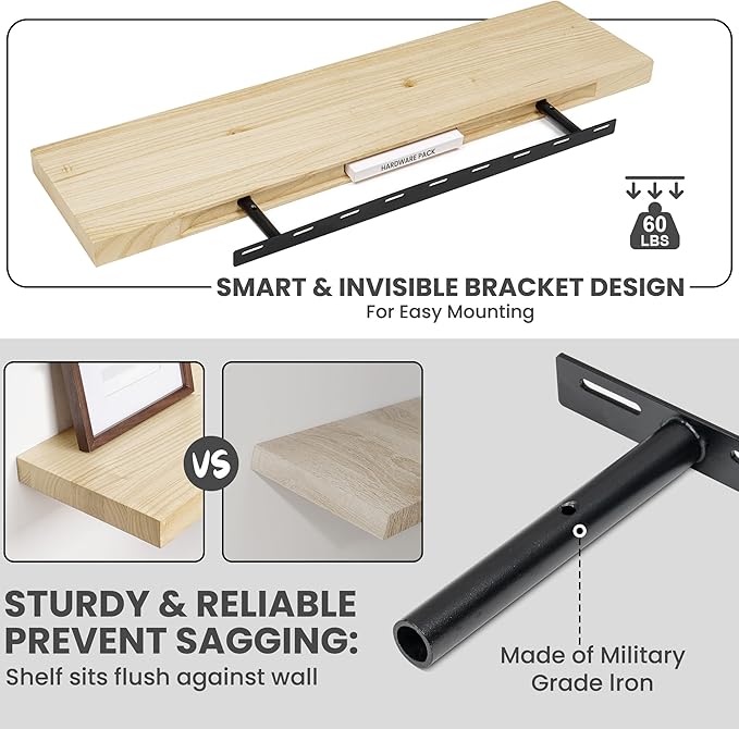 Solid Wood Floating Shelves For Wall, 36”W x 9”D x 1.56”H Large Wall Shelves for Living Room Bedroom Bathroom Kitchen Drcor Storage with Invisible Heavy-Duty Metal Bracket, Natural, Set of 2