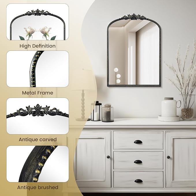 WallBeyond Black Vintage Mirror for Vanity 22x30 Inch, Black Antique Mirror with Ornate Frame, Arched Vintage Wall for Bathroom, Living Room, Fireplace, Entryway