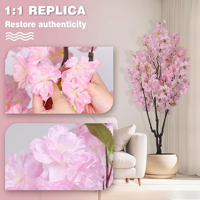 5.9ft Tall Pink Artificial Cherry Blossom Tree, Realistic Handmade Silk Leaves Sakura Plant, Fake Lifelike Cherry Blossom Tree for Home Office Indoor Outdoor Party Wedding Christmas Decor