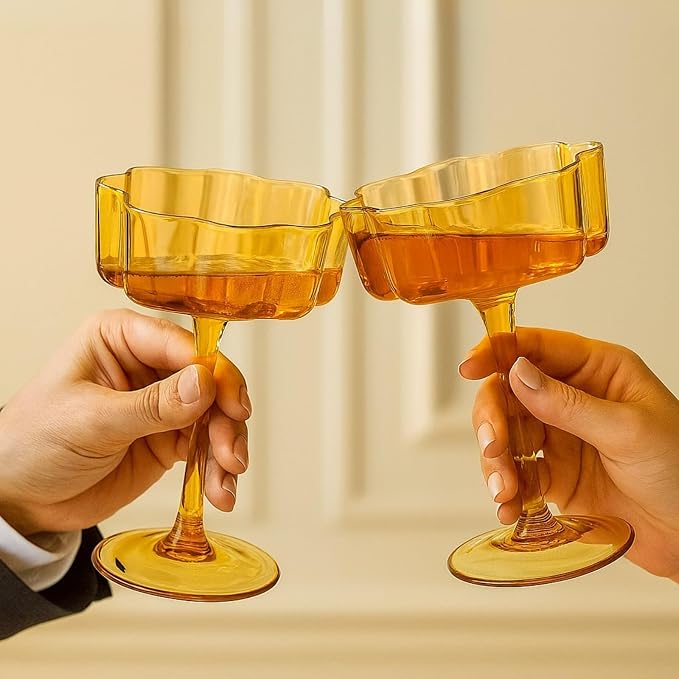 Flower Scalloped Vintage Wavy Petals Wave Glass Coupes 7oz Colorful Martini, Champagne & Cocktails, 2 Set Amber Rippled Champagne Glasses, Elegant Bar Glassware, Unique Aesthetic Coupe Glassware Gifts