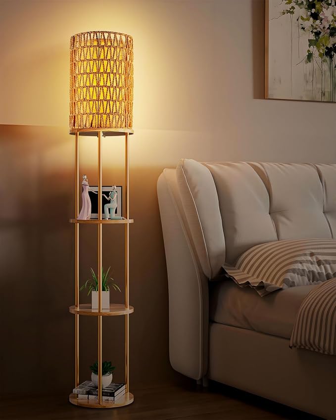 Lightdot 61" Rattan Floor Lamp with Shelves, 3-Tier Storage Shelves with 3000K Bulb Included, Solid Wood Design, Corner Bookshelf Floor Lamps for Living Room/Sofa Beside/Corner Decor-Gold