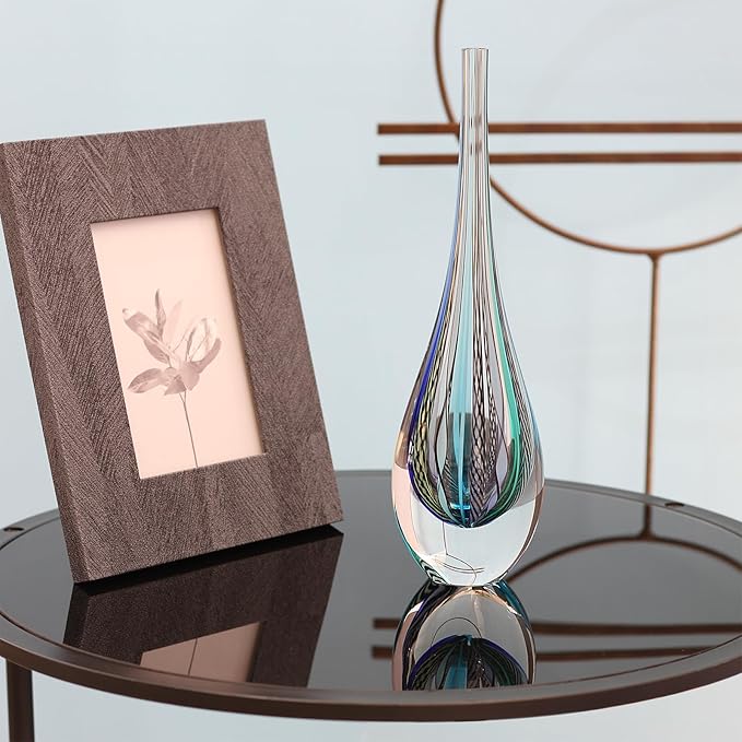 Ca D Oro Small Drop Glass Vase Boho with Blue/Green Canes Hand Blown Murano-Style Art Glass - Model Tall