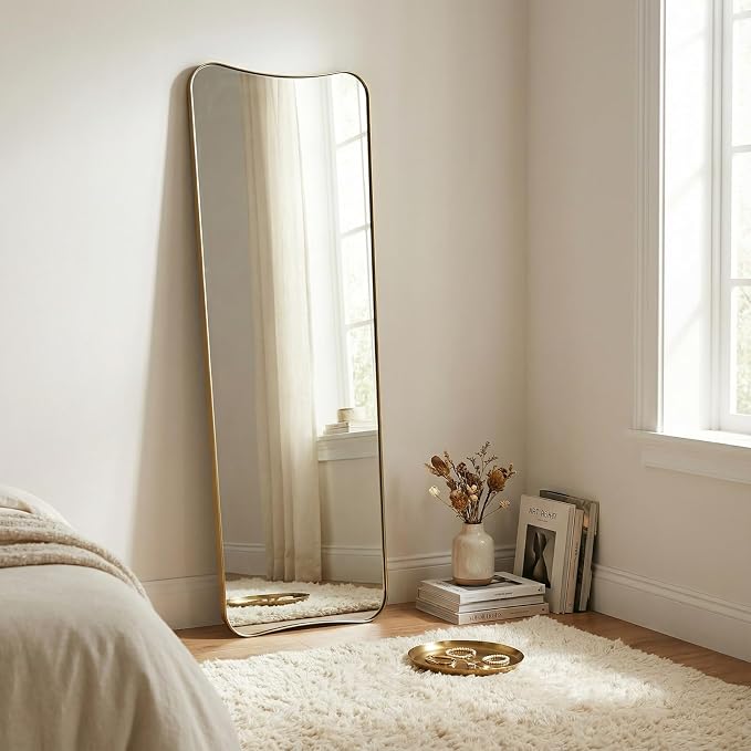 ANDY STAR Full Length Mirror 21" x 64", Gold Decorative Full Body Mirror with Stainless Steel Thin Frame, Italian Curved Edge Design, Wall Mount or Leaning for Bedroom, Cloakroom, Living Room
