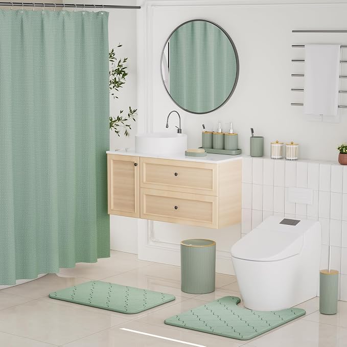 Sage Green Bathroom Accessories Set, 25 Pcs Bathroom Decor Set with Shower Curtain, Rugs, Trash Can, Soap Dispenser, Toothbrush Holder, Tumbler, Soap Dish, Storage Jars and Hooks for Guest Bath